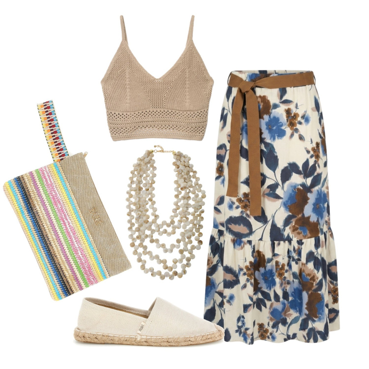 Outfit donna - Luglio. Stile Trendy per Tutti i giorni. Abbinamento con top, collane, gonne lunghe, pochette, espadrillas.