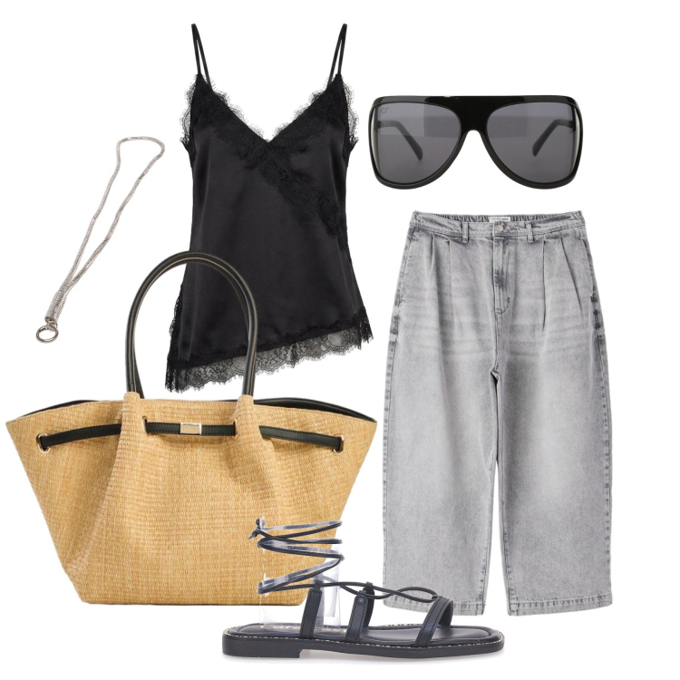 Outfit donna - Luglio. Stile Basic per Tutti i giorni. Abbinamento con shopping bag, jeans, occhiali da sole, top, collane, sandali alla schiava.