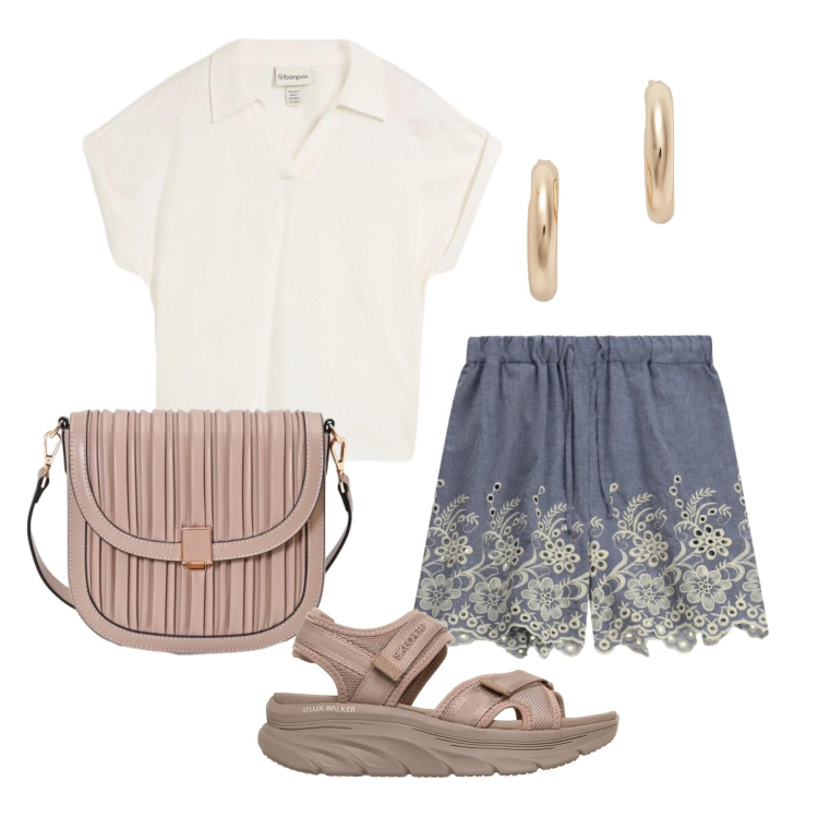 Outfit donna - Luglio. Stile Casual per Tutti i giorni. Abbinamento con polo, orecchini, shorts, borse a tracolla, sandali.