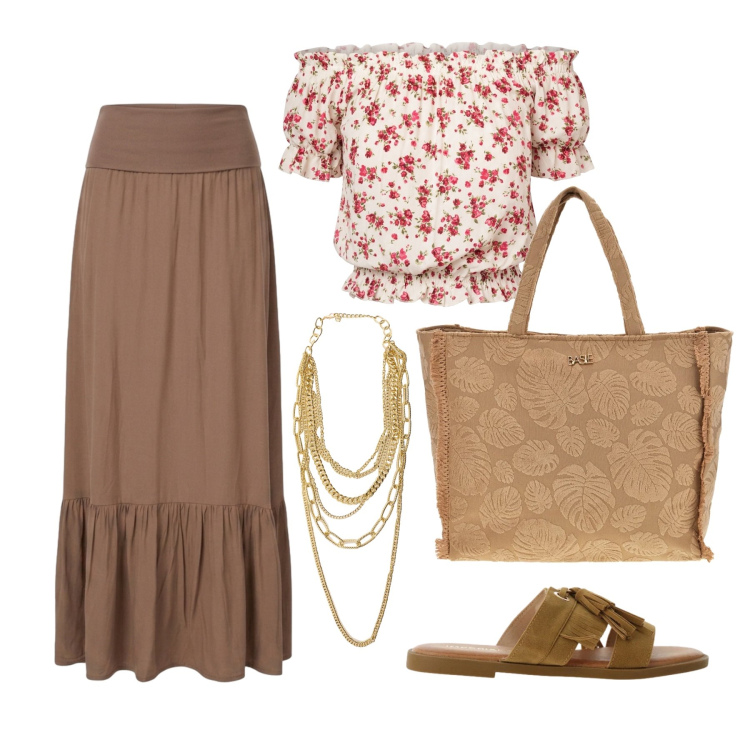 Outfit donna - Luglio. Stile Trendy per Tutti i giorni. Abbinamento con gonne lunghe, top, sandali, collane, shopping bag.