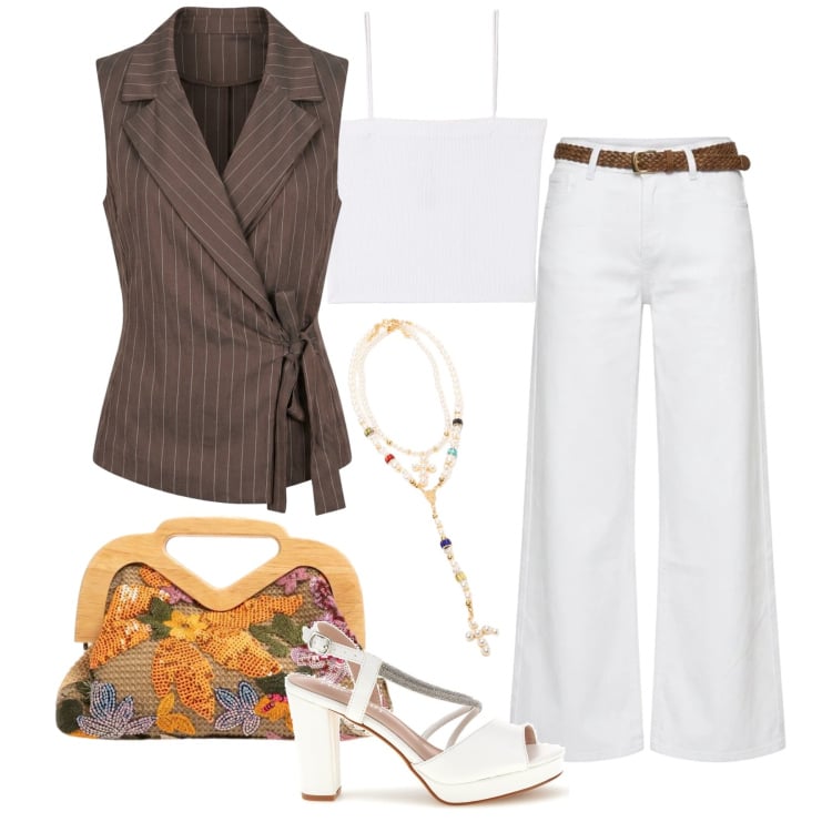Outfit donna - Luglio. Stile Glamour per Tutti i giorni. Abbinamento con canottiere, gilet, pantaloni, collane, clutch, sandali col tacco.