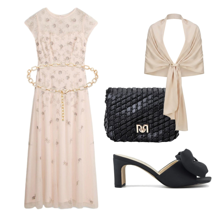 Outfit donna - Total look #2430544. Stile Chic per Cerimonia. Abbinamento con vestiti lunghi, cinture, stole, borse a tracolla, sandali col tacco.