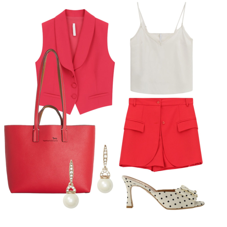 Outfit donna - Luglio. Stile Chic per Tutti i giorni. Abbinamento con shopping bag, orecchini, sandali col tacco, shorts, gilet, canottiere.