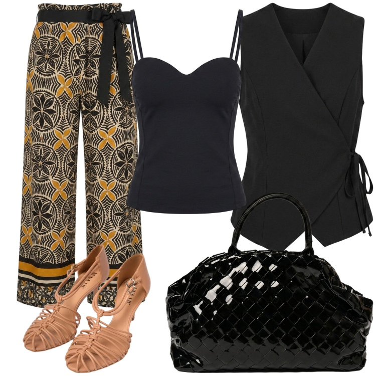 Outfit donna - La borsa nera. Stile Casual chic per Serata fuori. Abbinamento con gilet, pantaloni, top, sandali in pelle, borse a mano.