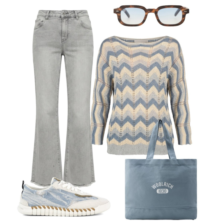 Outfit donna - Shopping ideale per l’ufficio!. Stile Casual chic per Ufficio. Abbinamento con occhiali da sole, maglieria, jeans a zampa, borse tote, sneakers.