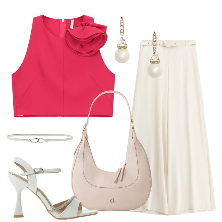 Outfit donna - So chic. Stile Chic per Tutti i giorni. Abbinamento con orecchini, borse a tracolla, cinture, top, pantaloni a palazzo, sandali gioiello.