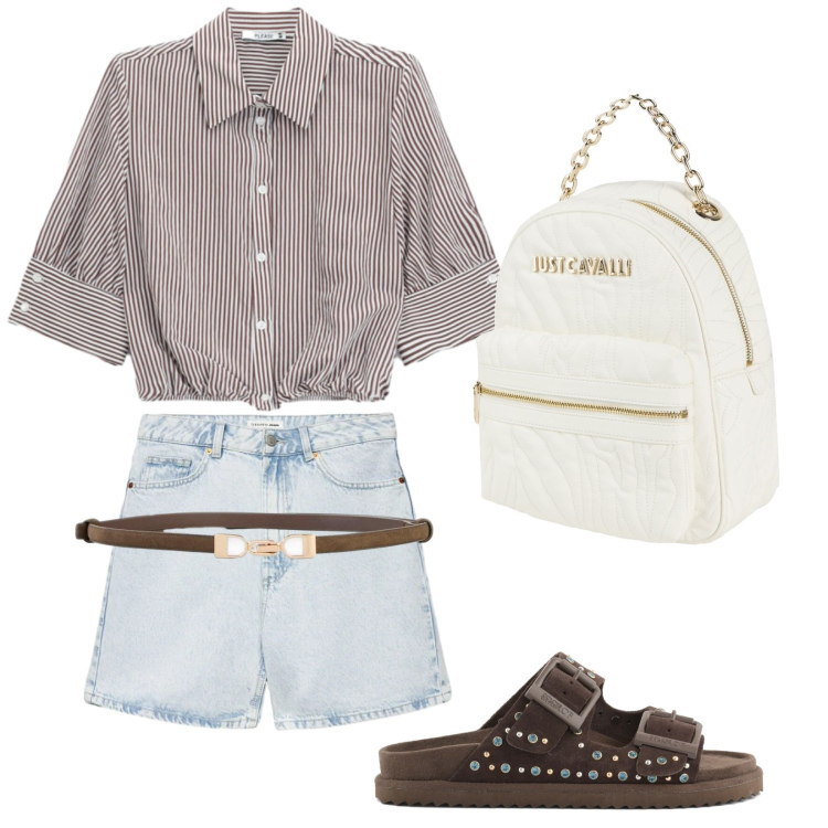 Outfit donna - In città. Stile Trendy per Tutti i giorni. Abbinamento con zaini, cinture, bermuda, camicie, sandali in pelle.