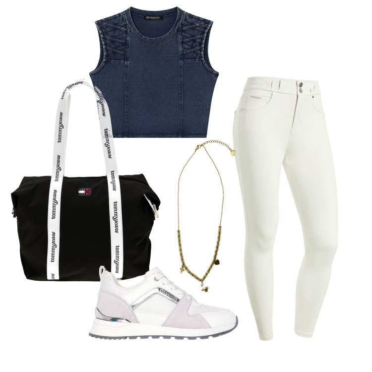 Outfit donna - Luglio. Stile Sporty chic per Tutti i giorni. Abbinamento con pantaloni skinny, top, ciondoli, sneakers alte, shopping bag.