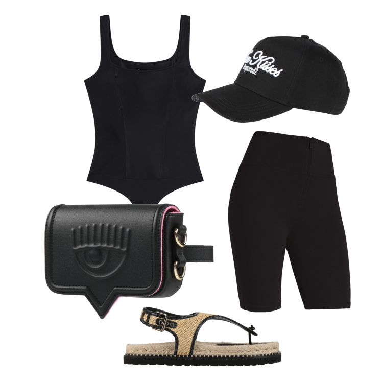 Outfit donna - Luglio. Stile Sporty chic per Tutti i giorni. Abbinamento con marsupi, cappelli con visiera, espadrillas, shorts, top.