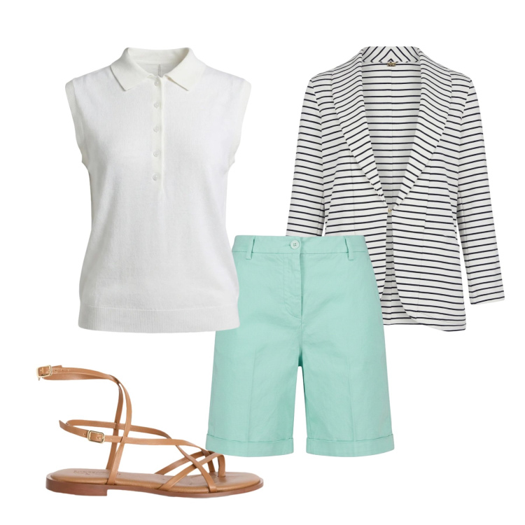Outfit donna - Luglio. Stile Casual chic per Tutti i giorni. Abbinamento con sandali in pelle, polo, bermuda, blazer.