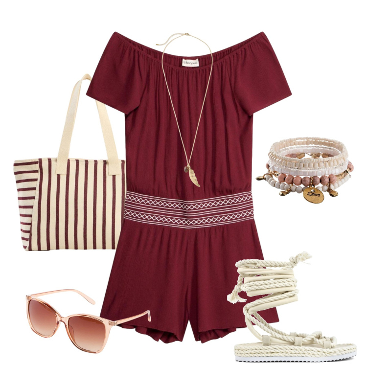 Outfit donna - Passeggiata lungomare. Stile Trendy per Tutti i giorni. Abbinamento con tute, braccialetti con ciondoli, occhiali da sole, collane, shopping bag, sandali.