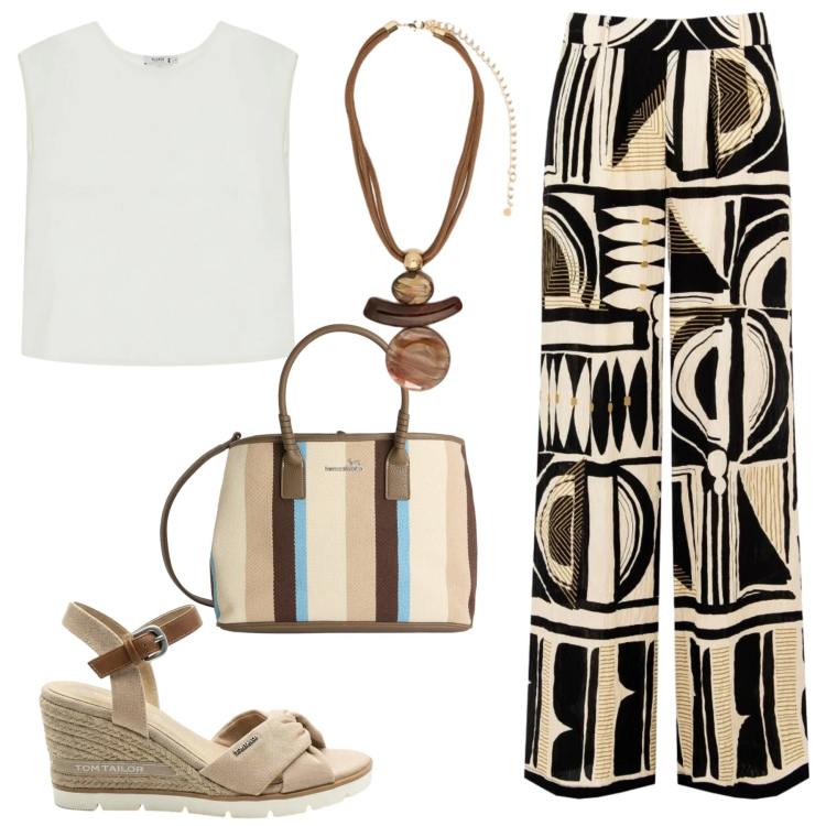 Outfit donna - Pattern estivo. Stile Casual per Tutti i giorni. Abbinamento con sandali col tacco, shopping bag, pantaloni a palazzo, top, ciondoli.