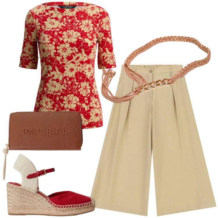 Outfit donna - Total look #2430587. Stile Casual per Tutti i giorni. Abbinamento con t-shirt, zeppe, pantaloni a palazzo, cinture, portafogli.