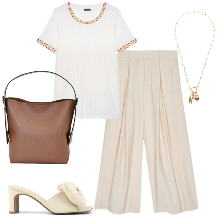 Outfit donna - Fiorella Rubino. Stile Chic per Tutti i giorni. Abbinamento con borse a mano, t-shirt, pantaloni a palazzo, ciondoli, sandali col tacco.