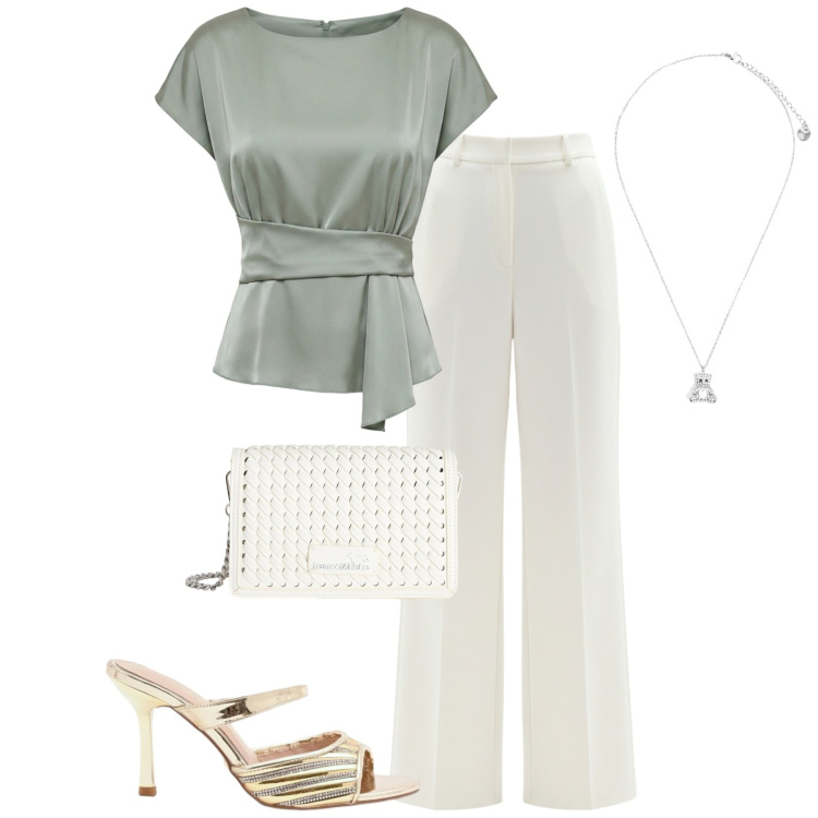Outfit donna - Summer chic. Stile Chic per Tutti i giorni. Abbinamento con borse a tracolla, ciondoli, bluse, sabot, pantaloni a palazzo.
