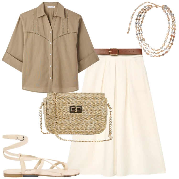 Outfit donna - Daily. Stile Casual chic per Tutti i giorni. Abbinamento con borse a tracolla, sandali, gonne lunghe, camicie a manica corta, collane.