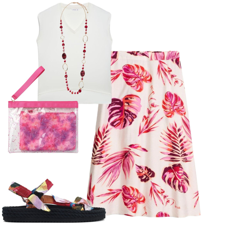 Outfit donna - La gonna fantasia. Stile Casual chic per Tutti i giorni. Abbinamento con gonne longuette, pochette, top, collane, sandali.