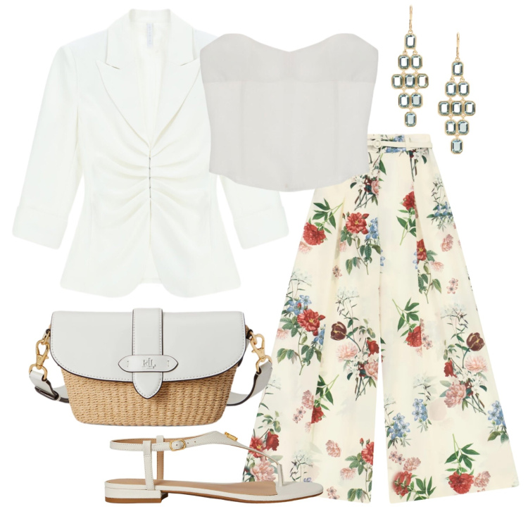 Outfit donna - Luglio. Stile Casual chic per Tutti i giorni. Abbinamento con pantaloni a palazzo, blazer, top, borse a spalla, sandali in pelle, orecchini.