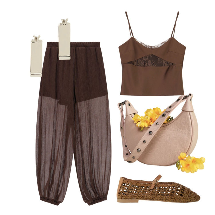 Outfit donna - Luglio. Stile Trendy per Tutti i giorni. Abbinamento con borse a spalla, ballerine, canottiere, pantaloni, orecchini.