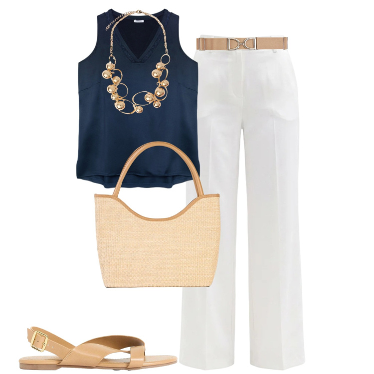 Outfit donna - Daily chic. Stile Urban per Tutti i giorni. Abbinamento con shopping bag, sandali, cinture, pantaloni, collane, top.