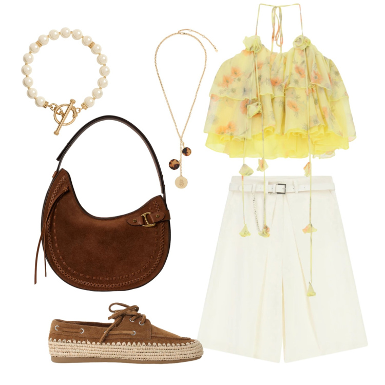 Outfit donna - Luglio. Stile Trendy per Tutti i giorni. Abbinamento con bermuda, top, scarpe stringate, borse a spalla, collane, collane.