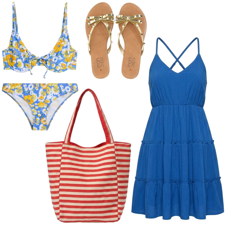 Outfit donna - Un giorno al mare. Stile Romantica per Mare. Abbinamento con bikini, bikini, vestiti corti, borse tote, infradito.