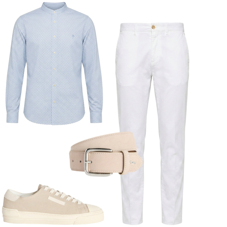 Outfit uomo - Aperitivo. Stile Trendy per Serata speciale. Abbinamento con sneakers, camicie, pantaloni chino, cinture.