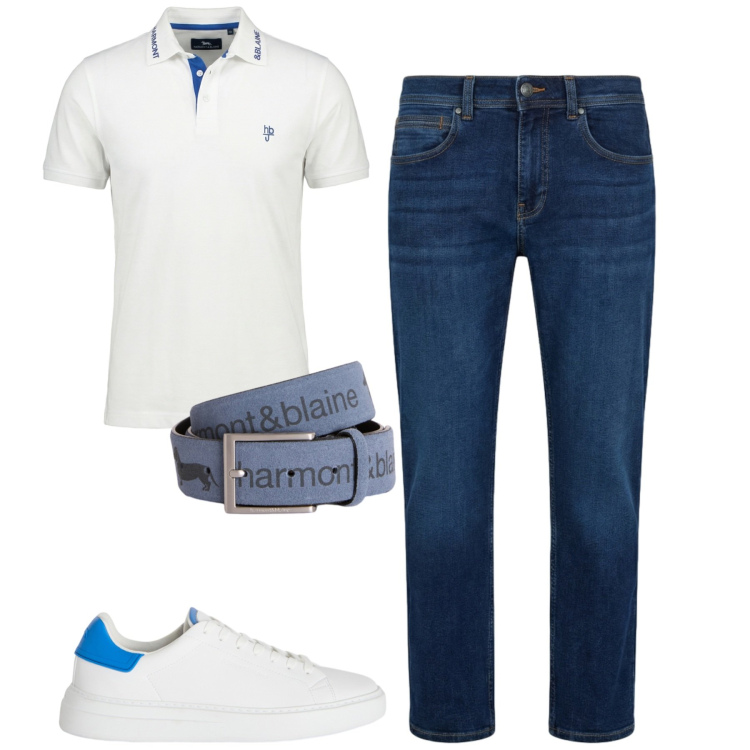 Outfit uomo - Summer. Stile Casual per Tutti i giorni. Abbinamento con polo, cinture, sneakers, jeans dritti.
