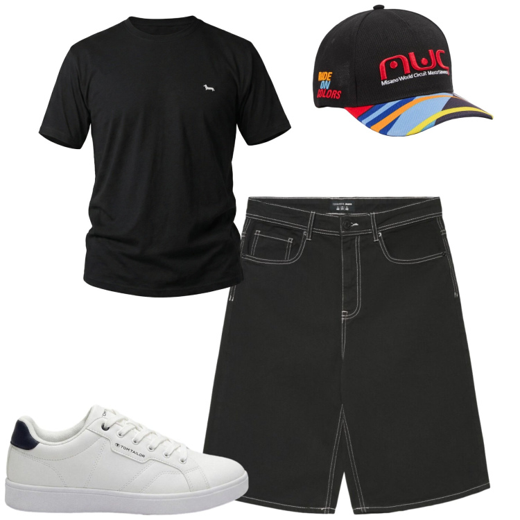 Outfit uomo - Black. Stile Casual per Tutti i giorni. Abbinamento con sneakers, t-shirt, cappelli con visiera, pantaloni corti.
