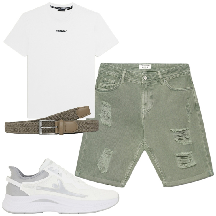 Outfit uomo - Luglio. Stile Casual per Tutti i giorni. Abbinamento con bermuda, cinture, t-shirt, sneakers.