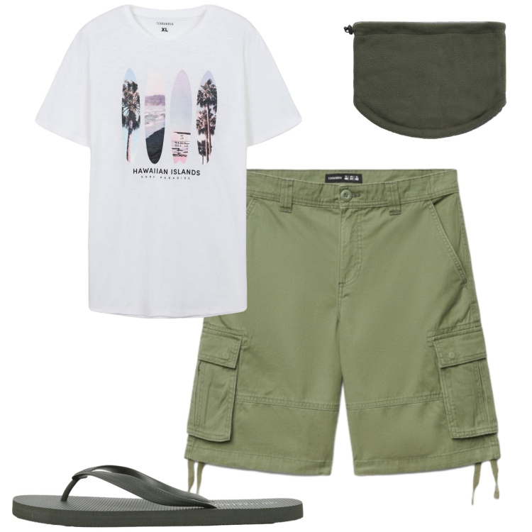 Outfit uomo - Al mare. Stile Casual per Mare. Abbinamento con scaldacollo, shorts, sandali, t-shirt.