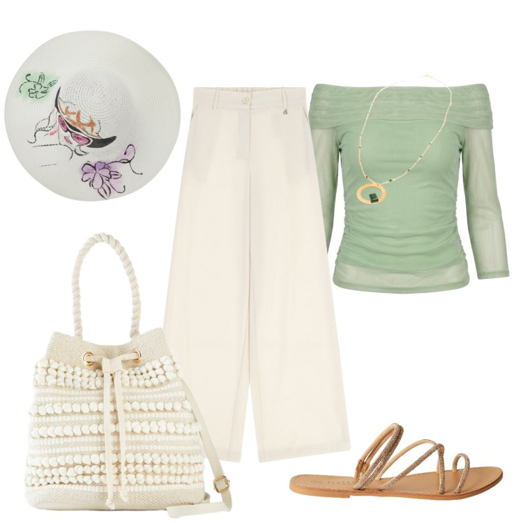 Outfit donna - Boho chic in città. Stile Romantica per Tutti i giorni. Abbinamento con borse a secchiello, pantaloni a palazzo, sandali, top, collane, cappelli.