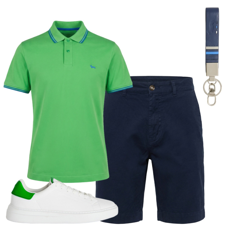 Outfit uomo - Harmont Blaine. Stile Casual per Tutti i giorni. Abbinamento con portachiavi, polo, sneakers, bermuda.