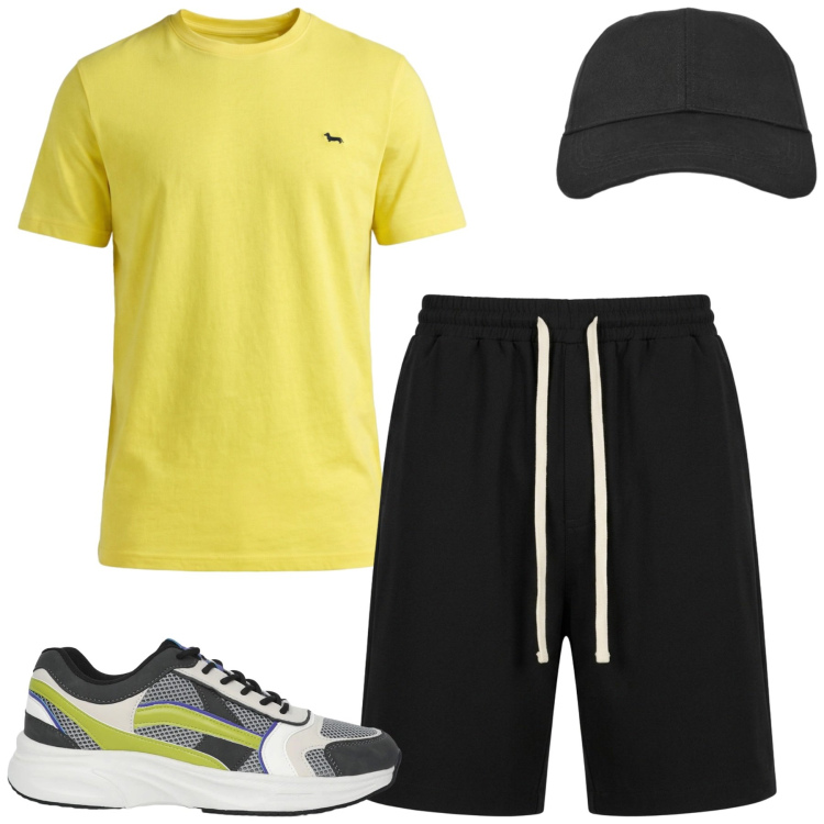 Outfit uomo - Total look #2430639. Stile Casual per Tutti i giorni. Abbinamento con t-shirt, sneakers, cappelli con visiera, pantaloni corti.