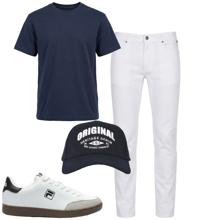Outfit uomo - City. Stile Casual per Tutti i giorni. Abbinamento con sneakers, pantaloni, t-shirt, cappelli con visiera.