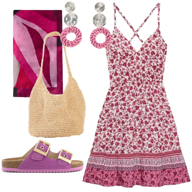 Outfit donna - Total look #2430642. Stile Casual per Mare. Abbinamento con shopping bag, orecchini, vestiti corti, foulard, sandali in pelle.