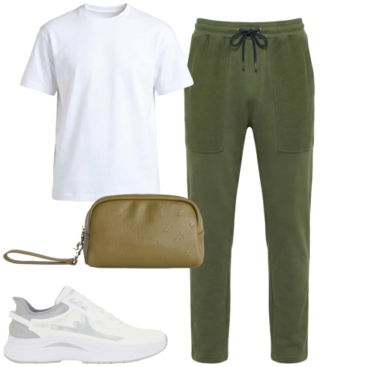 Outfit uomo - Sporty. Stile Casual per Tutti i giorni. Abbinamento con borse sportive, pantaloni, t-shirt, sneakers.