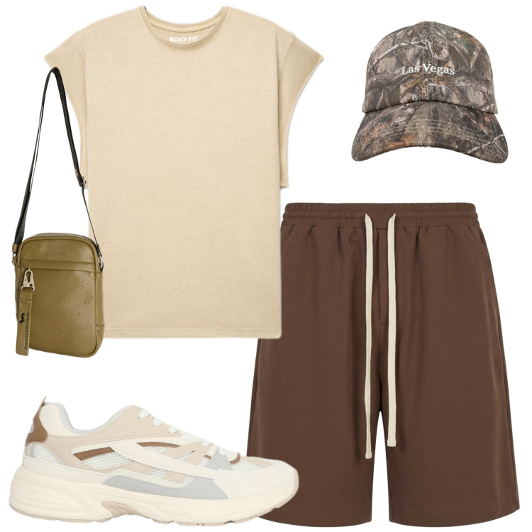 Outfit uomo - Summer. Stile Casual per Tutti i giorni. Abbinamento con borse sportive, sneakers, cappelli con visiera, pantaloni corti, canottiere.