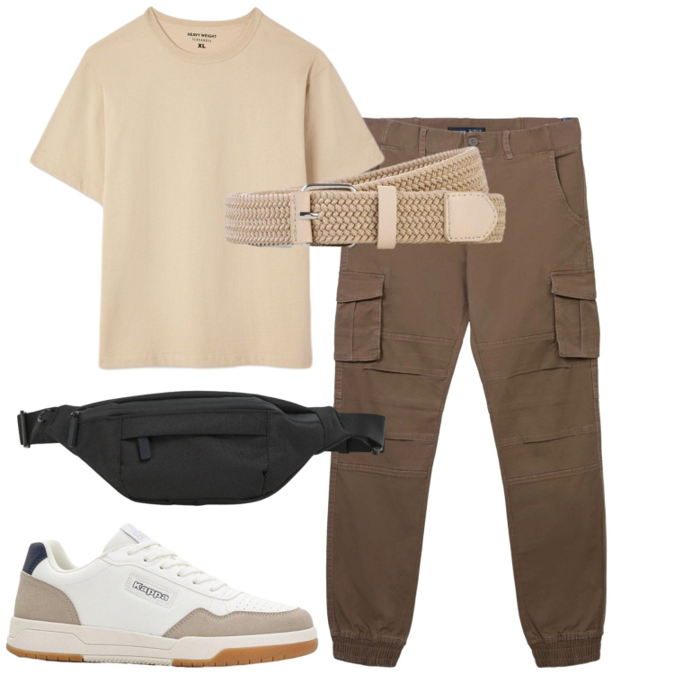 Outfit uomo - Luglio. Stile Casual per Tutti i giorni. Abbinamento con cinture, sneakers, pantaloni cargo, t-shirt, borse sportive.