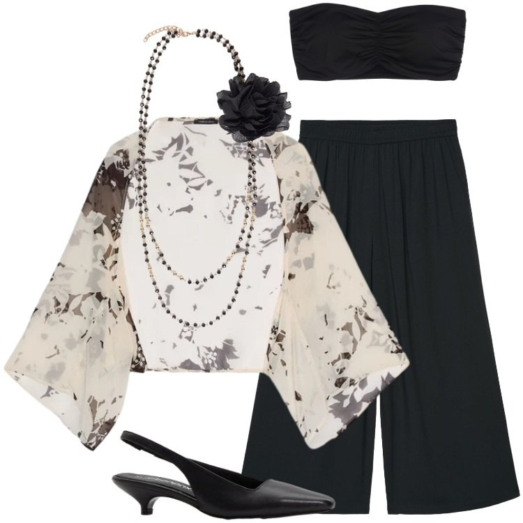 Outfit donna - Total look #2430653. Stile Boho per Tutti i giorni. Abbinamento con décolleté, pantaloni a palazzo, canottiere, bolero, collane.