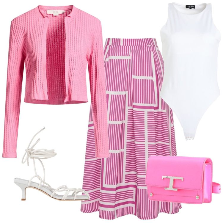 Outfit donna - Rosa d\' estate. Stile Bon Ton per Serata fuori. Abbinamento con cardigans, body, marsupi, sandali col tacco, gonne lunghe.