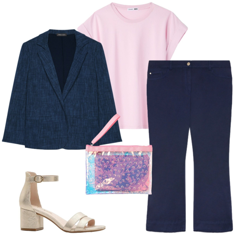 Outfit donna - Total look #2430659. Stile Casual chic per Ufficio. Abbinamento con sandali col tacco, pochette, t-shirt, blazer, pantaloni.