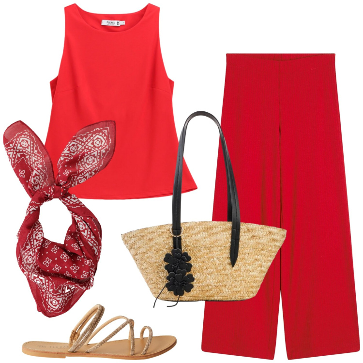 Outfit donna - Total look #2430670. Stile Casual chic per Tutti i giorni. Abbinamento con pantaloni a palazzo, shopping bag, sandali, top, foulard.