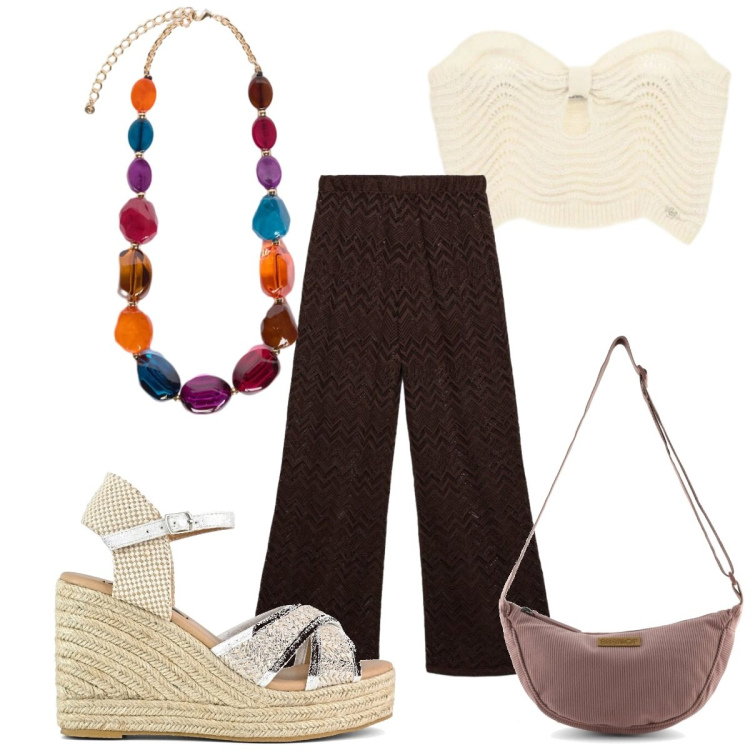Outfit donna - Total look #2430671. Stile 70s per Tutti i giorni. Abbinamento con pantaloni, top, collane, zeppe, borse a tracolla.