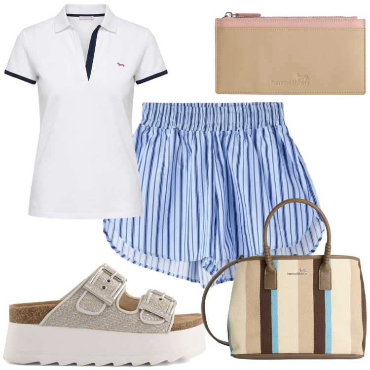Outfit donna - Total look #2430676. Stile Basic per Tutti i giorni. Abbinamento con portafogli, polo, shopping bag, shorts, zeppe.