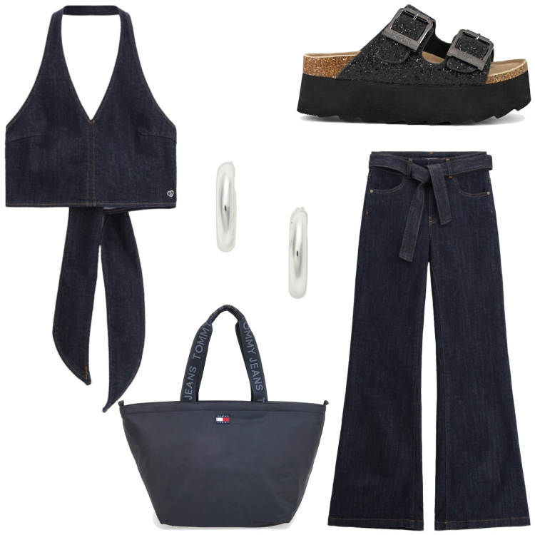 Outfit donna - Anni \'70vibes. Stile Boho per Tutti i giorni. Abbinamento con jeans a zampa, top, orecchini, sandali, borse tote.