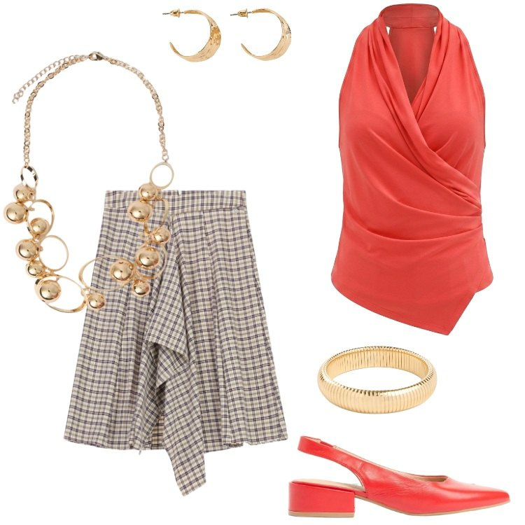 Outfit donna - Total look #2430683. Stile Casual chic per Tutti i giorni. Abbinamento con décolleté, braccialetti, orecchini, top, gonne longuette, collane.