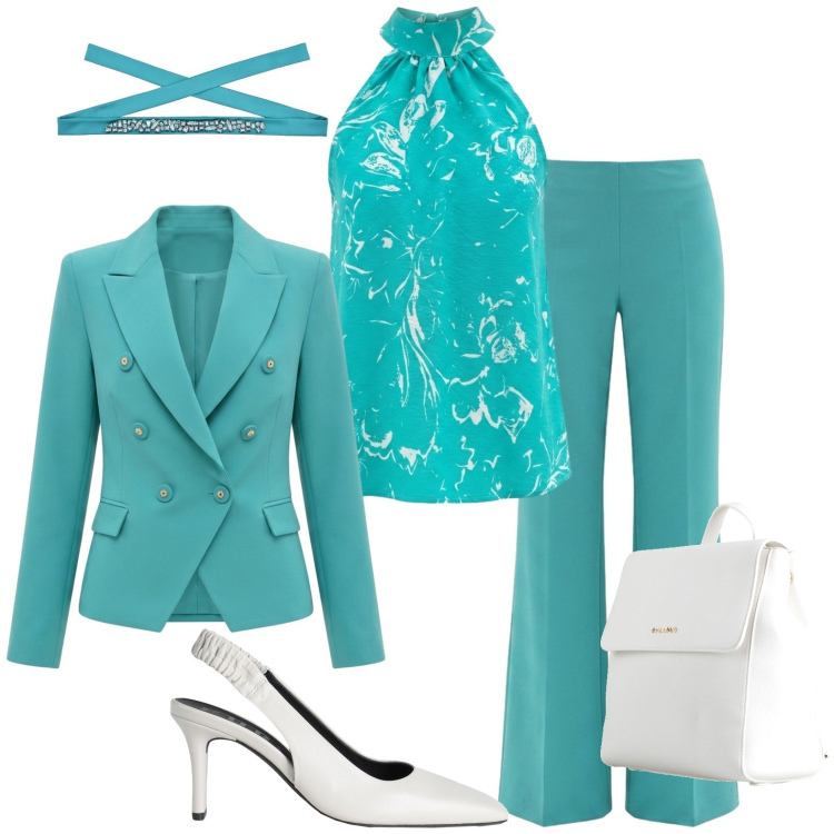 Outfit donna - Chic...... Stile Chic per Serata fuori. Abbinamento con décolleté, zaini, cinture, top, pantaloni a palazzo, blazer.