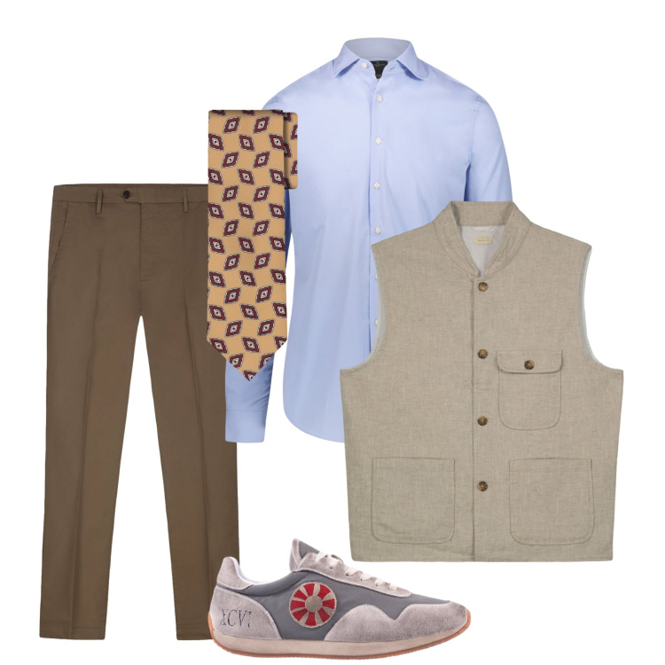 Outfit uomo - Total look #2430695. Stile Casual per Ufficio. Abbinamento con pantaloni, camicie, sneakers, cravatte, gilet.