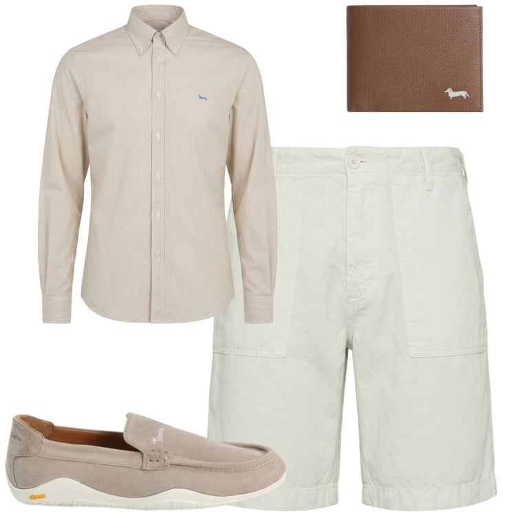 Outfit uomo - City. Stile Casual per Tutti i giorni. Abbinamento con camicie, scarpe stringate, bermuda, portafogli.